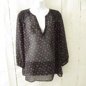 Ann Taylor Top M Medium Black Floral Sheer 3/4 Sleeve Popover Boho Peasant